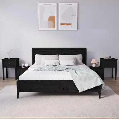 Image de Deux tables de chevet en bois massif de pin, de couleur noire, dimensions 79,5 x 38 x 65,5 cm, avec espace de rangement