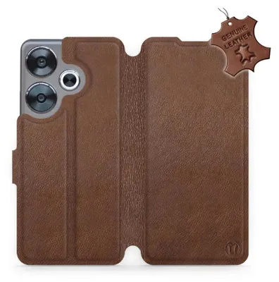 A brown leather flip case for a smartphone, shown open.