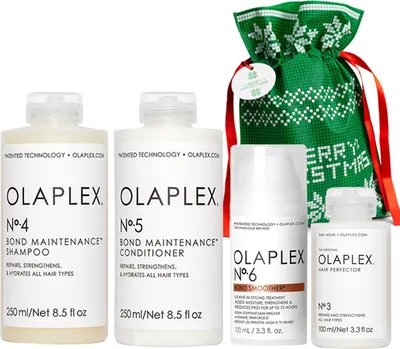 Zdjęcie produktu dla Olaplex No. 4 Bond Maintenance Shampoo 250ml + Olaplex No. 5 Bond Maintenance Conditioner 250ml + Olaplex Hair Perfector No.3 100ml + Olaplex Bond Smoother No.6 100ml + worek na prezent klasyczny zielony