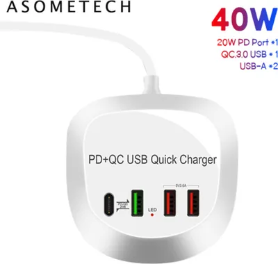 Produktbild von 4 Ports Usb Ladegerät Hub 40w Pd Qc3.0 Quick Charge Adapter Telefon für Iphone Xiaomi Samsung Huawei EU Plug