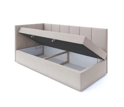 A beige upholstered bed frame with its storage compartment open, revealing the interior.