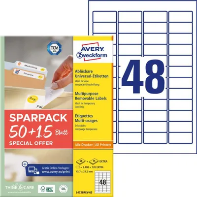 Produktbild von Avery Zweckform L4736REV-65 Universal-Etiketten, A4, 45,7 x 21,2 mm, 3.120 Etiketten/65 Bogen, weiß
