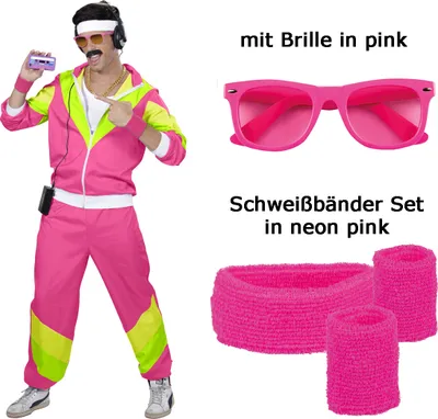 Produktbild von Herren 80 er Jahre Trainingsanzug Jogginganzug S-3XL  mit Brille + Schweißbänder S - 48/50