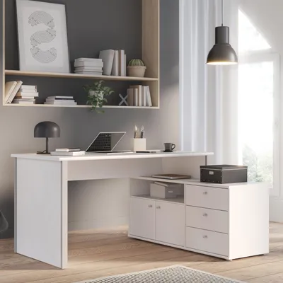 Produktbild von Forte TEMPRA 2 Schreibtisch 120, moderner Schreibtisch in L-Form mit Regal, 2 Türen, 3 Schubladen, Holzwerkstoff, Weiß/Grau, 120,6 cm breit x 74,9 cm hoch x 151,4 cm tief