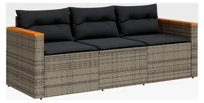 Produktbild von Gartensofa 3-Sitzer, Loungesofa mit Kissen, Sitzgruppe aus Stahlrahmen, Gartenmöbel aus Rattan, Grau