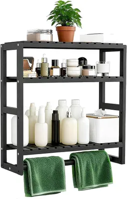 Image de Étagère de salle de bain, 3 niveaux, 43 x 42 x 15 cm, noire, en bambou, pour salle de bain