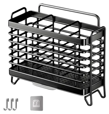 Produktbild von Halter für Küchenutensilien, Besteckkorb und Kochlöffelhalter aus Edelstahl, 3 Fächer zur Aufbewahrung, Wandmontage ohne Bohren, abnehmbar mit Tropfschale, Schwarz