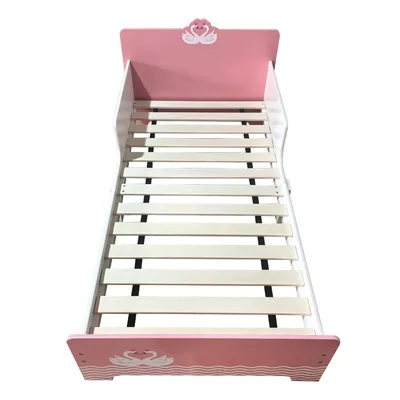 Produktbild von Kinderbett Weiß-Rosa mit Schwan-Motiv, beidseitigem Rausfallschutz & Lattenrost, Juniorbett für Mädchen, Gesamtmaße 142,4×77×60 cm, geeignet für Matra