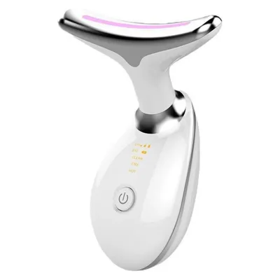 A white facial toning device with a silver metallic accent at the top and a pink LED light strip.