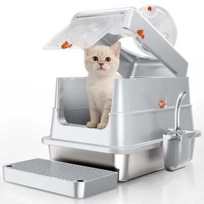 Produktbild von Katzentoilette Katzenklo Katzenkiste - Edelstahl - Mit Deckel - 50 x 35 x 37 cm - Grau
