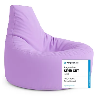 A purple beanbag chair with a label attached.