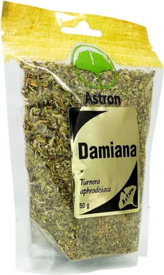 A clear, professional shot of a bag of dried Damiana leaves.