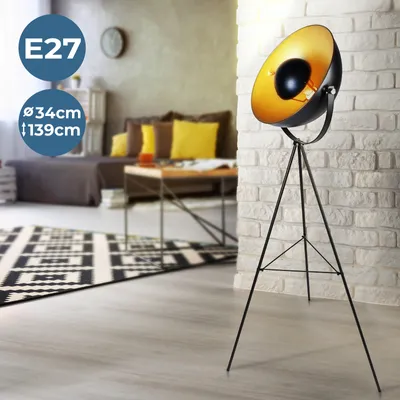 Produktbild von Jago® Stehleuchte mit Stativ - LED, Höhe 130-139 cm, schwenkbar, 60 W, E27, Schwarz-Gold - Tripod Stehlampe, Standleuchte, Fußbodenlampe im Retro Vintage Design für Wohnzimmer, Schlafzimmer