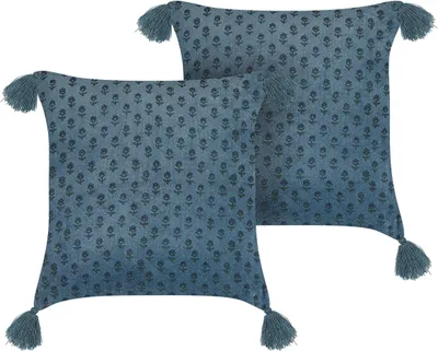 Produktbild von BELIANI Dekokissen 2er Set Dunkelblau Samt und Baumwolle Bezug mit Füllung Blumenmuster Quasten 45 x 45 cm Modern Sofakissen Wohnzimmer Schlafzimmer