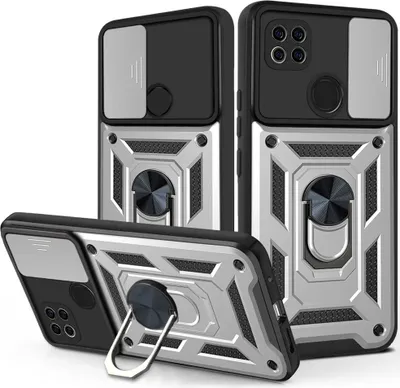 Produktbild von Redmi 9C Hülle mit 360° Drehbarer Magnetische Ring Ständer Halter Dia Kameraschutz TPU Bumper Silikon Schutzhülle für Xiaomi Redmi 9C Silber