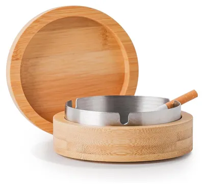 Produktbild von Aschenbecher mit Deckel, Aschenbecher für draußen, Aschenbecher Outdoor Wind Aschenbecher, geschlossen, Aschenbecher, Edelstahl, Bambus, Retro-Design, geruchssicher für Haus, Büro, Balkon, groß