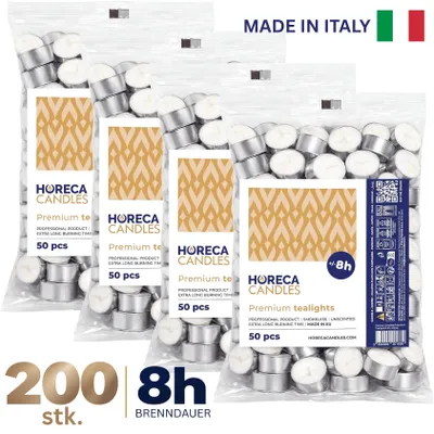 Produktbild von Horeca Candles Teelichter 200 Stück Weiß - 8 Std. Brenndauer, Unbeduftet, Paraffinwachs - Für Gastronomie, Hochzeit, Tischdeko, Party, Spa & Zuhause