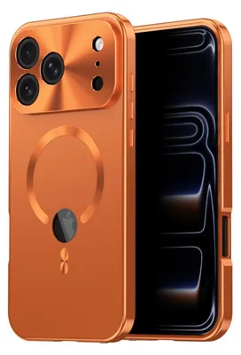 A close-up studio shot of an orange phone case with a magnetic ring and a phone inside.