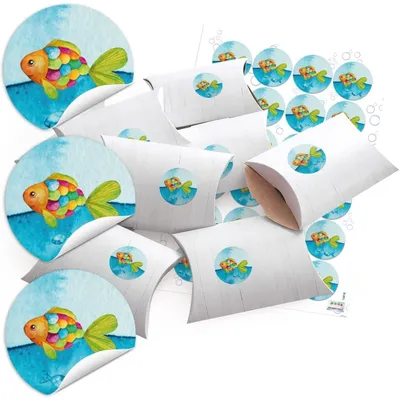Produktbild von 10 kleine Boxen Geschenkschachteln blau türkis REGENBOGEN-FISCHE Holz Optik weiß 14,5 x 10,5 cm ca. 3 cm + 24 runde Aufkleber - Verpackung Kinder Kommunion Geburtstag Taufe