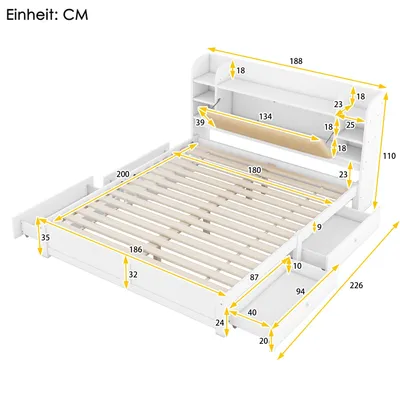 Image de Fortuna Lai Lit double 180x200cm avec 4 tiroirs et plusieurs compartiments de rangement, lit en bois massif, blanc