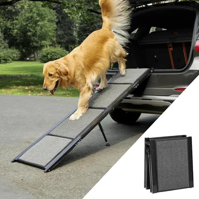 Produktbild von klappbare Hunderampe für Autos, SUVs und LKWs, 90kg Belastbarkeit, geeignet für große, mittelgroße und kleine Haustiere(180 x 44 cm ),Aluminiumrahmen