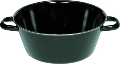 A black enamel pot with two handles is shown against a white background.