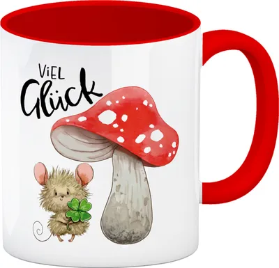 Produktbild von Maus mit Fliegenpilz Kaffeebecher in rot mit Spruch Viel Glück