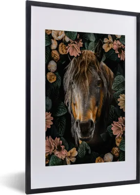 Produktbild von MuchoWow® MuchoWow® Gerahmtes Poster Pferd - Blumen - Blätter 40x60 cm - Poster mit zchwarzem Bilderrahmen - Poster in Rahmen
