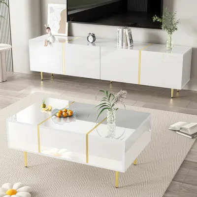 Produktbild von MODFU  TV-Schrank und Couchtisch Set,TV-Sideboard,Hochglanzweiß,Kaffeetisch Geeignet für Wohnzimmer, Schlafzimmer, weiß