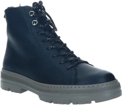 A single blue boot with gray sole and laces against a white background.