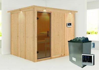 Produktbild von Karibu Sauna Innensauna Gobin Fronteinstieg Ofen 9 KW externe Strg easy 245x210x202 cm mit Dachkranz mit Graphittür