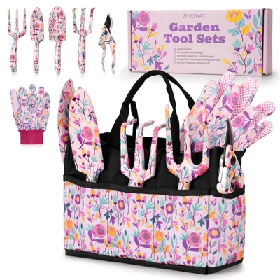 Immagine prodotto di Set di attrezzi da giardino Velway, 7 pezzi – Un regalo per la mamma, completo di borsa e guanti, ideale per il giardino