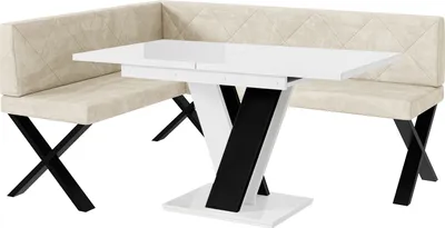 Produktbild von MEBLINI Eckbank für Esszimmer mit ausziehbarem Tisch - Küchenbank - Essecke - Sitzecke Küche - ERIC - X-Beine 128x168x87cm Links - Creme Samt/M Weiß-Schwarz Hochgl.