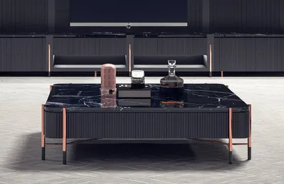 Produktbild von Casa Padrino Luxus Couchtisch Schwarz / Matt Schwarz / Kupfer 124 x 124 x H. 35 cm - Quadratischer Wohnzimmertisch mit Marmorplatte - Wohnzimmer Möbel - Hotel Möbel - Luxus Möbel