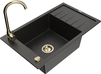 Produktbild von Mexen Elias 1 Becken-Granitspüle mit Abtropffläche und Mischbatterie Telma, Schwarz/Gold - 6511-75-670200-50