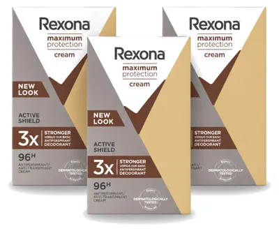 Immagine prodotto di 3 confezioni di deodorante antitraspirante stick Rexona Maximum Protection Active Shield, 45 ml ciascuna - confezione - 3 pezzi