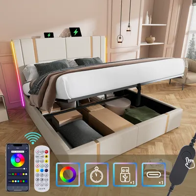 A bed with storage and LED lighting, shown with a remote and phone app interface.