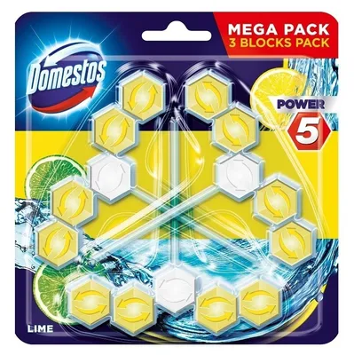 Packaging for Domestos WC-Suspension blocks in Lime scent.