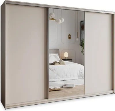 Produktbild von Masseno Schiebetürenschrank TAVI 250/205/60 cm Kleiderschrank mit 4 Schubladen Schlafzimmer Schrank 3-türig mit Spiegel Kaschmir