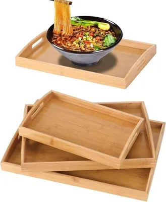 Imagen del producto de 3 bandejas de bambú con asa, ideales para el desayuno y las comidas, en diferentes tamaños