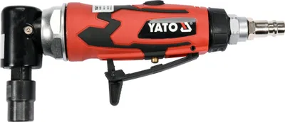 A red and black air-powered angle grinder with a silver connector on a white background.