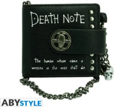 A black wallet with silver accents and chain.
