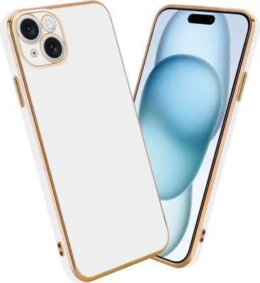 A white iPhone case with gold trim is shown diagonally, with another iPhone showing a blue abstract background behind it.