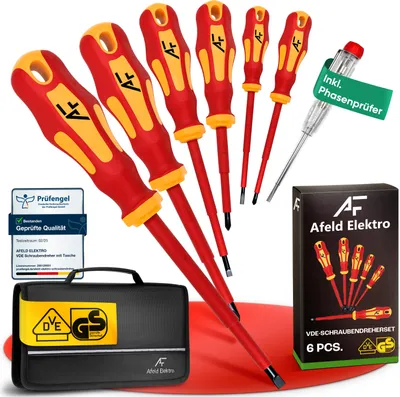 Produktbild von Schraubendreher Set VDE 1000V mit Phasenprüfer & Werkzeugtasche – S2-Stahl, Magnetisch, Ergonomisch