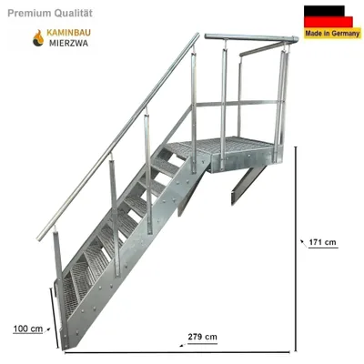 A galvanized steel staircase with a platform and railings, shown against a white background with dimensions indicated.