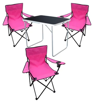 Image de set de camping 4 pièces table de camping 3 chaise pliante rose