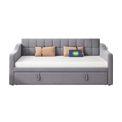 Produktbild von Polsterbett mit Steckdose und Aufbewahrungstasche 2 in 1 Schlafsofa Multifunktionsbett Jugendbett Gästebett Grau
