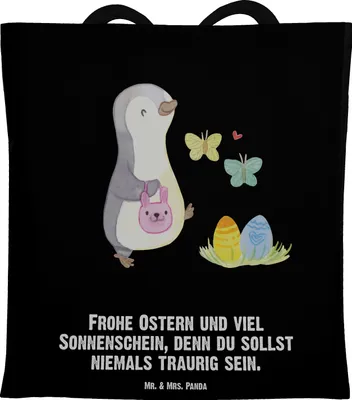 Produktbild von Mr. & Mrs. Panda Uni Tasche Pinguin Eier suchen - Schwarz - Geschenk, Schultasche, Tote Bag, Beutel, Ostern, canvas