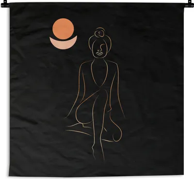 Produktbild von MuchoWow® Wandteppich Wandbehang Frau - Strichzeichnung - Gold 150x150 cm Tapisserie Dekoration Wandtuch - Wohnaccessoires - Modernes