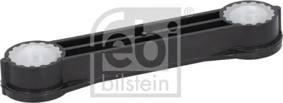 A black automotive suspension component with white end caps, isolated on a white background.
